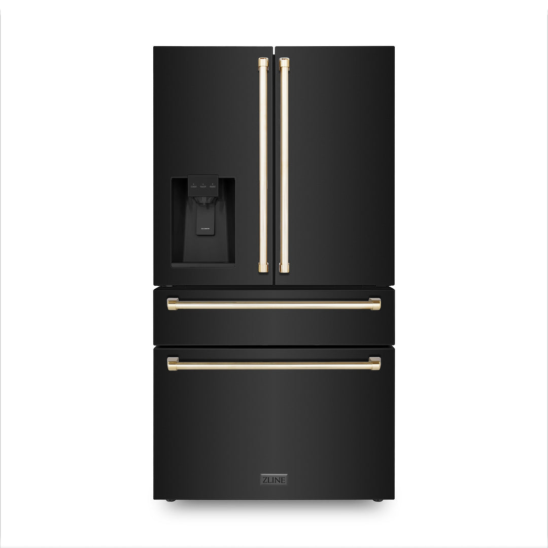ZLINE 36 in. Autograph Edition 21.6 cu. ft Freestanding French Door Refrigerator with Water and Ice Dispenser in Fingerprint Resistant Black Stainless Steel with Gold Accents (RFMZ-W-36-BS)