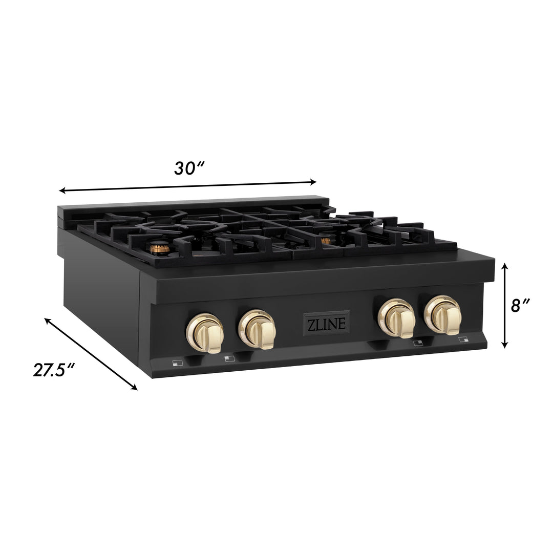 ZLINE Autograph Edition 30 in. Porcelain Rangetop with 4 Gas Burners in Black Stainless Steel and Accents (RTBZ-30)