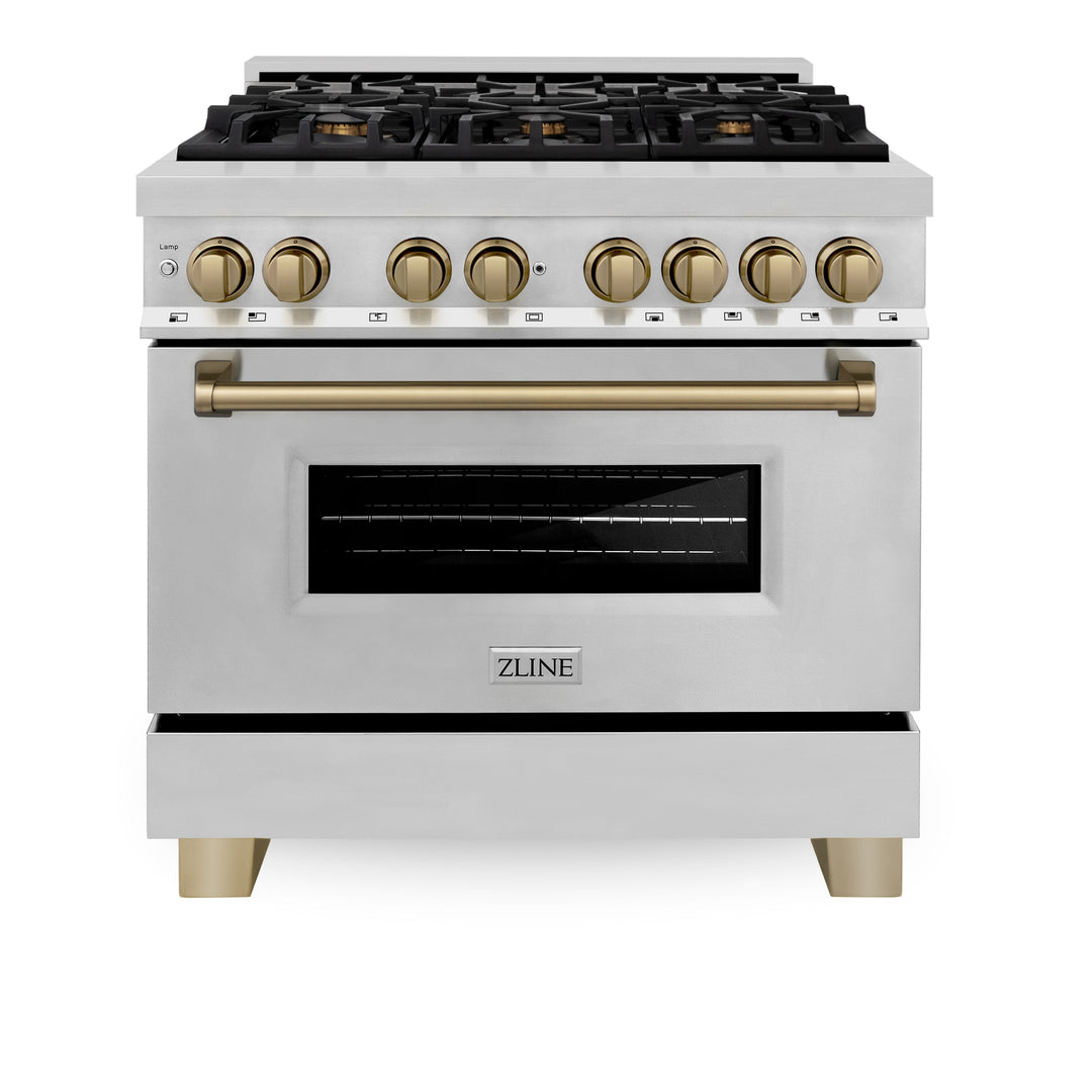 ZLINE Autograph Edition 36 in. 4.6 cu. ft. Dual Fuel Range with Gas Stove and Electric Oven in Stainless Steel with Accents (RAZ-36)