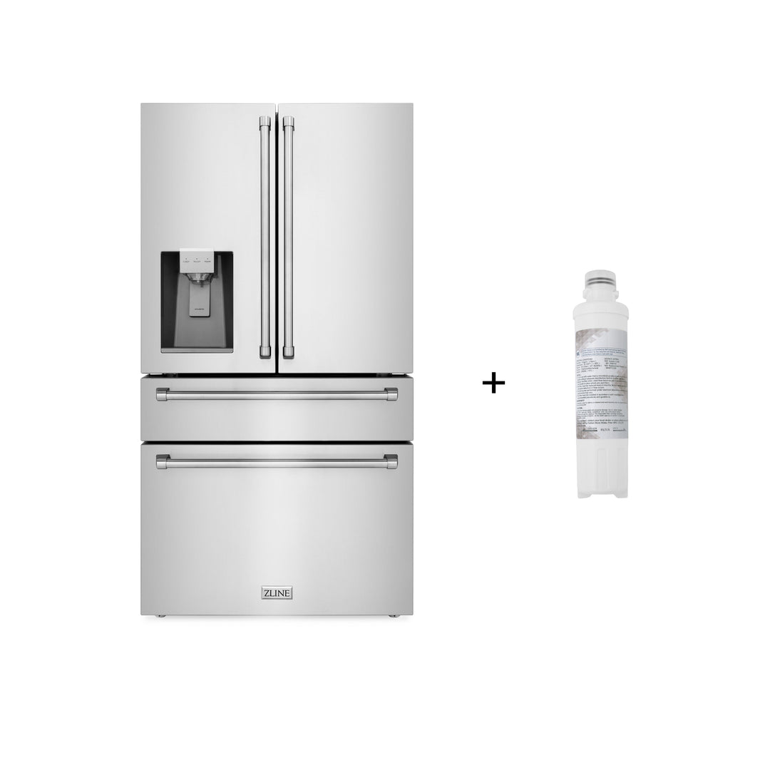 ZLINE 36 in. 21.6 cu. ft Freestanding French Door Fingerprint Resistant Refrigerator with Water and Ice Dispenser and Filter (RFM-W-WF-36)