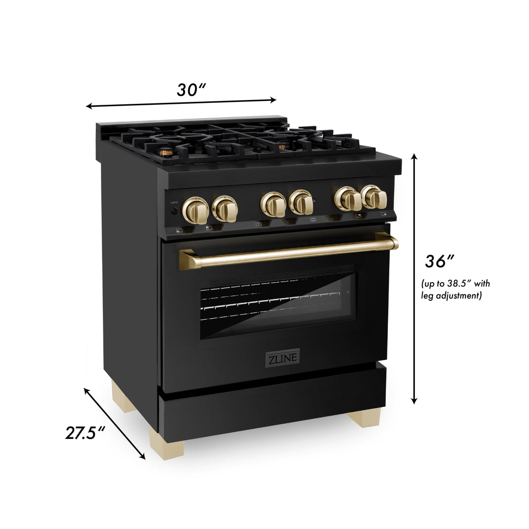 ZLINE Autograph Edition 30 in. 4.0 cu. ft. Dual Fuel Range with Gas Stove and Electric Oven in Black Stainless Steel with Accents (RABZ-30)