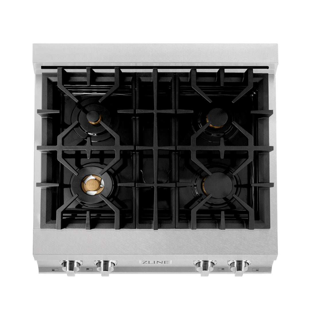 ZLINE 30 in. Porcelain Rangetop in DuraSnow Stainless Steel with 4 Gas Burners (RTS-30) Available with Brass Burners