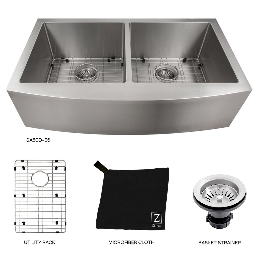 ZLINE 36 in. Niseko Farmhouse Apron Mount Double Bowl Kitchen Sink with Bottom Grid (SA50D)