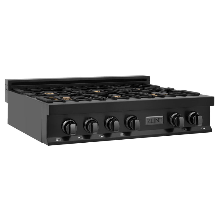 ZLINE 36" Porcelain Gas Stovetop in Black Stainless with 6 Gas Burners (RTB-BR-36) Available with Brass Burners - Rustic Kitchen & Bath - Rangetops - ZLINE Kitchen and Bath