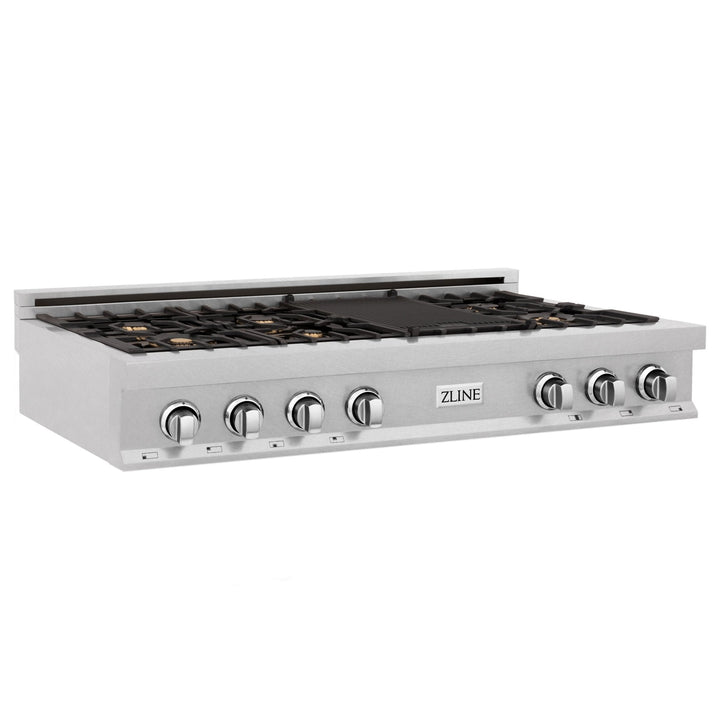 ZLINE 48 in. Porcelain Gas Stovetop in DuraSnow Stainless Steel with 7 Gas Burners and Griddle (RTS-48) Available with Brass Burners