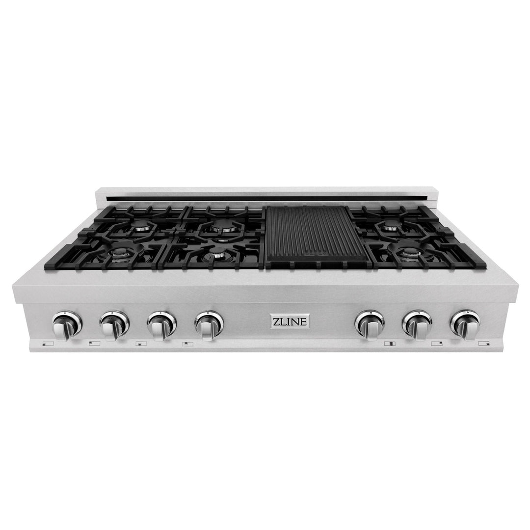 ZLINE 48 in. Porcelain Gas Stovetop in DuraSnow Stainless Steel with 7 Gas Burners and Griddle (RTS-48) Available with Brass Burners