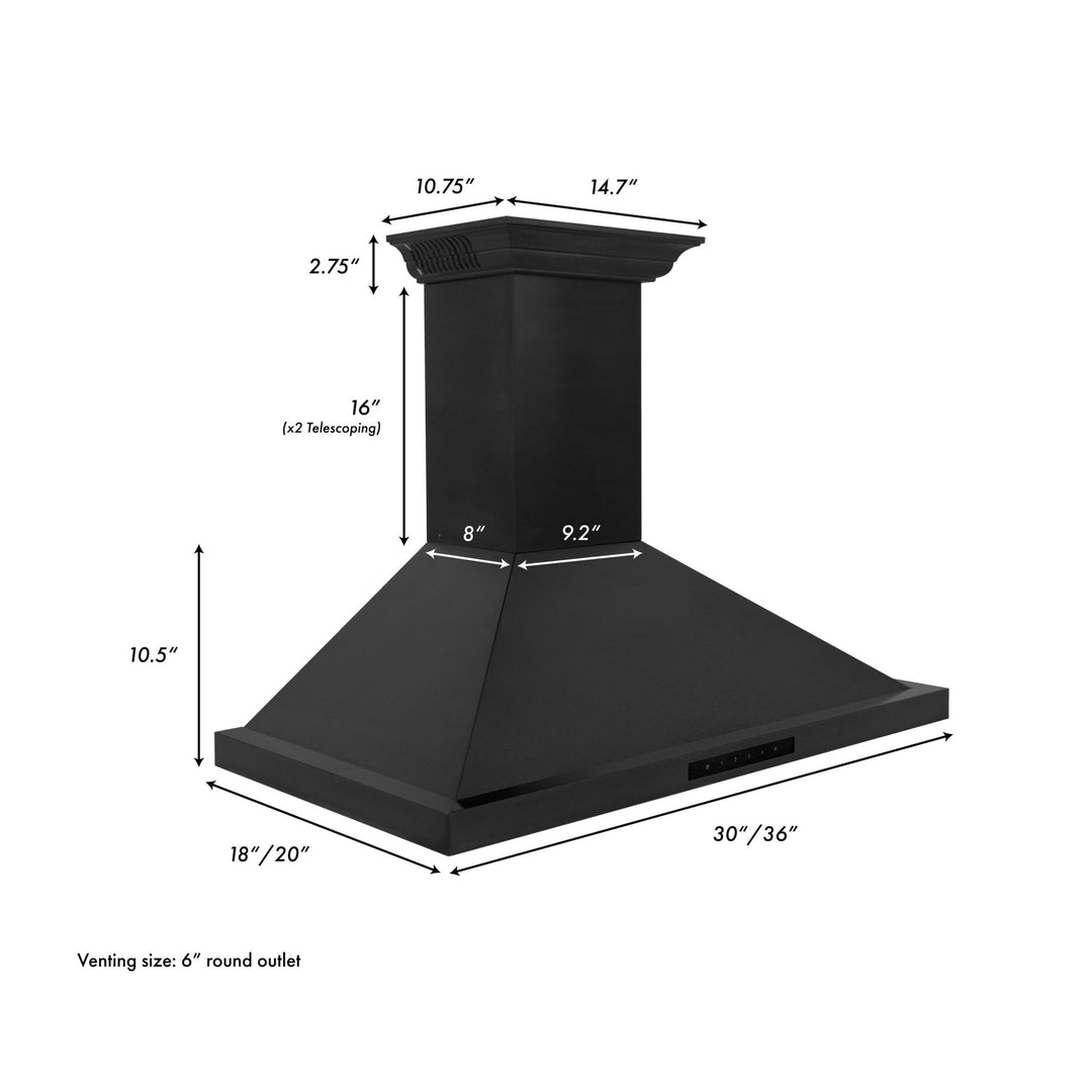ZLINE Ducted Vent Wall Mount Range Hood in Black Stainless Steel with Built-in ZLINE CrownSound™ Bluetooth Speakers (BSKBNCRN-BT)