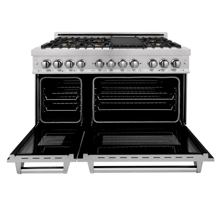 ZLINE 48 in. 6.0 cu. ft. Electric Oven and Gas Cooktop Dual Fuel Range with Griddle and Brass Burners in Fingerprint Resistant Stainless (RAS-SN-BR-GR-48)